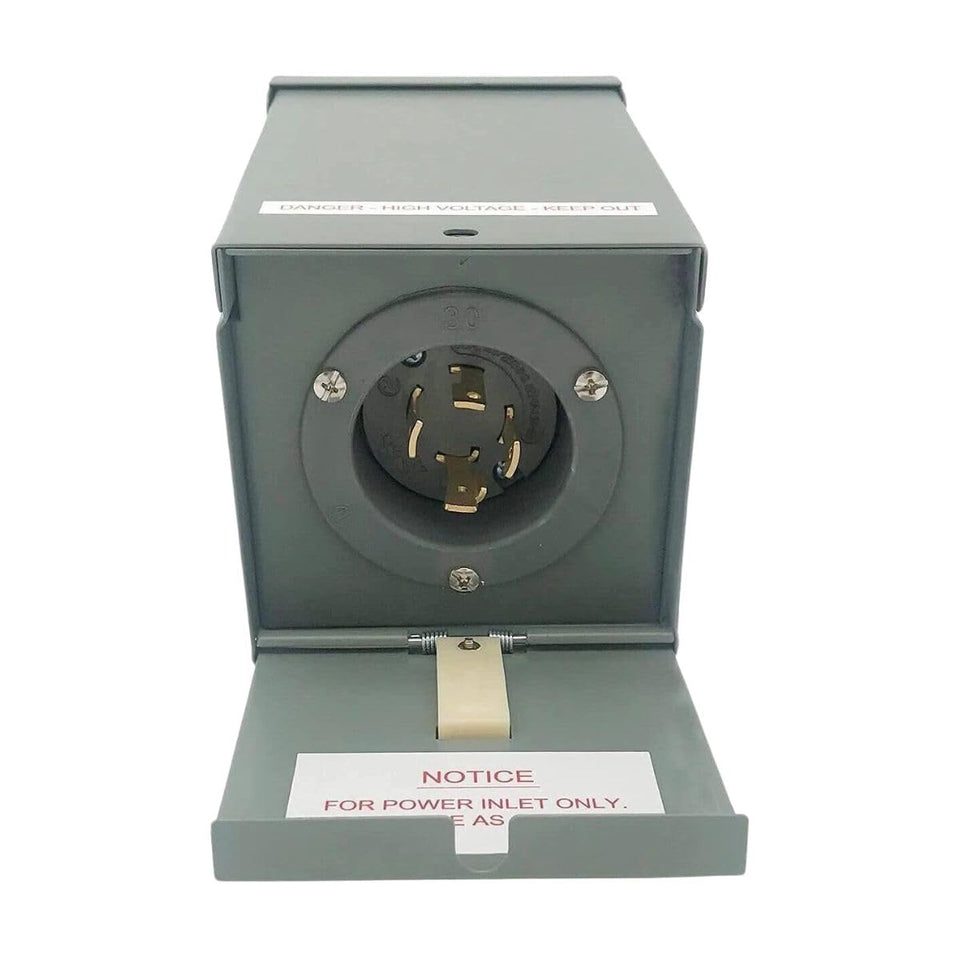 Connecticut Electric 30-Amp Power Inlet Box with Hinged Door for outdoor generator connections.