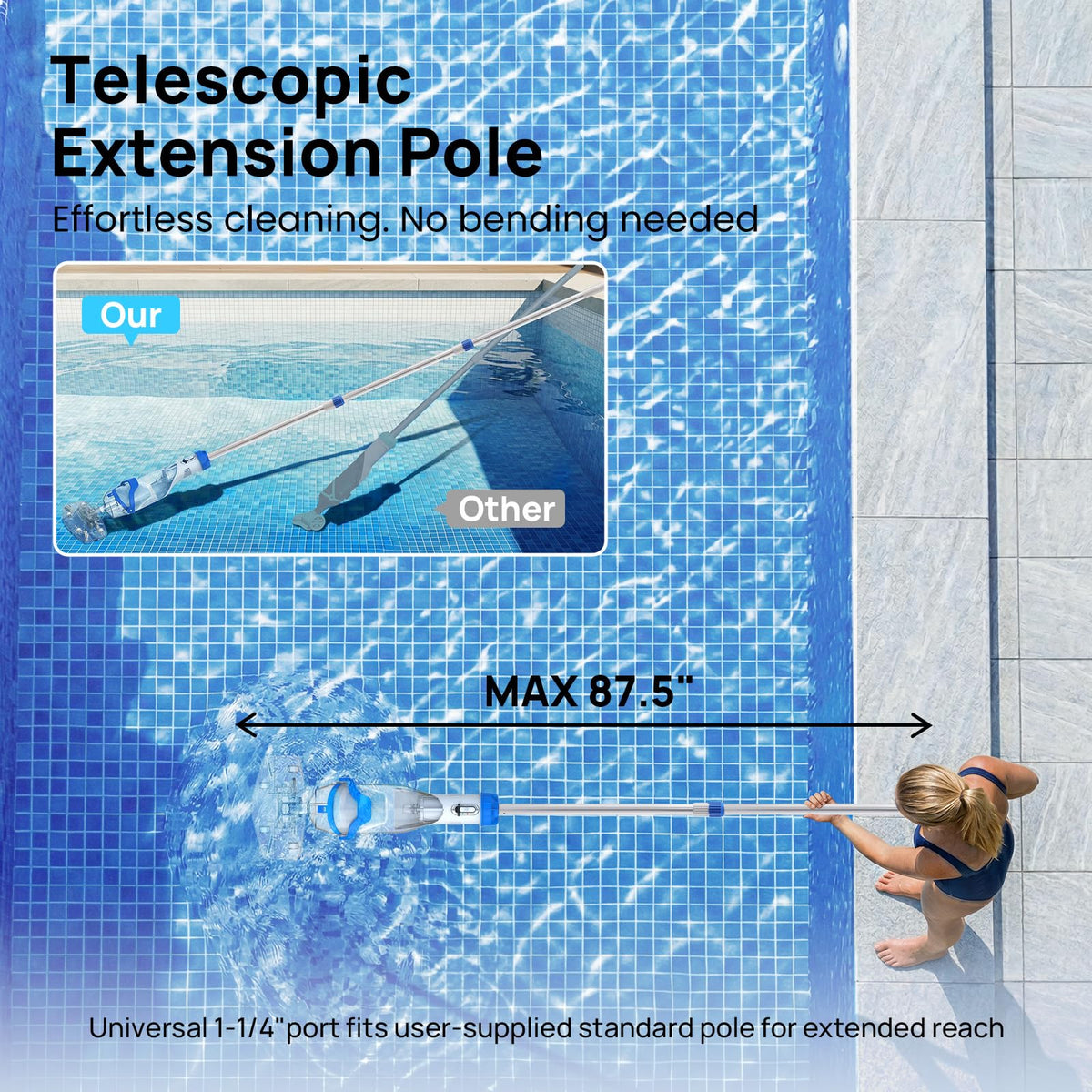 Consciot cordless pool vacuum shows 2x suction power on large debris.
