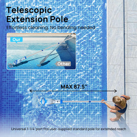 Consciot cordless pool vacuum shows 2x suction power on large debris.