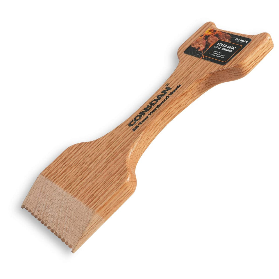 CONSDAN Wood Grill Scraper in solid oak offering durable grate cleaning.