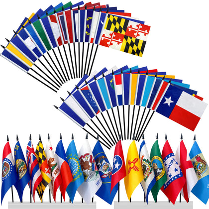Consummate 50-state flag set with mini handheld flags for quick display at events.