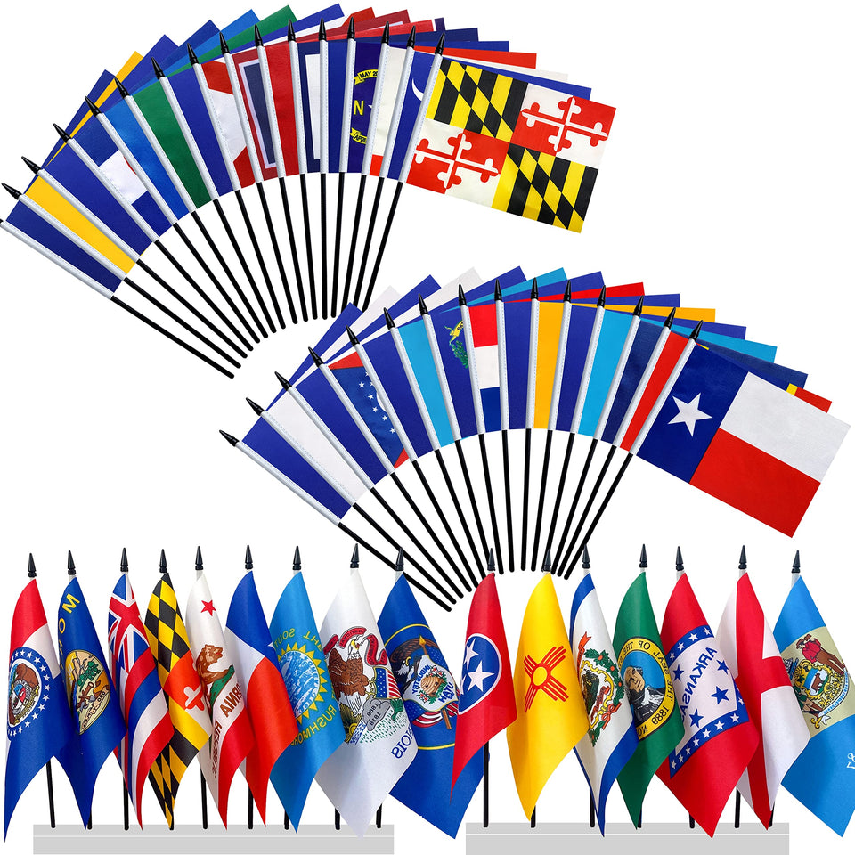 Consummate 50-state flag set with mini handheld flags for quick display at events.
