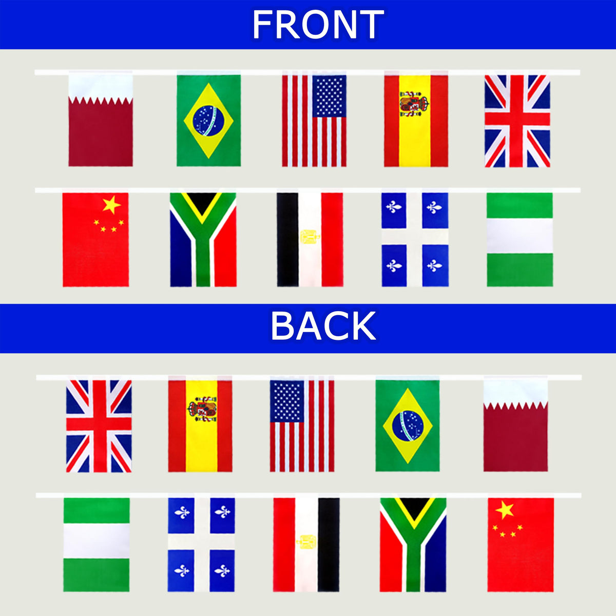 Consummate outdoor flag string suitable for patios, porches, and sports venues.