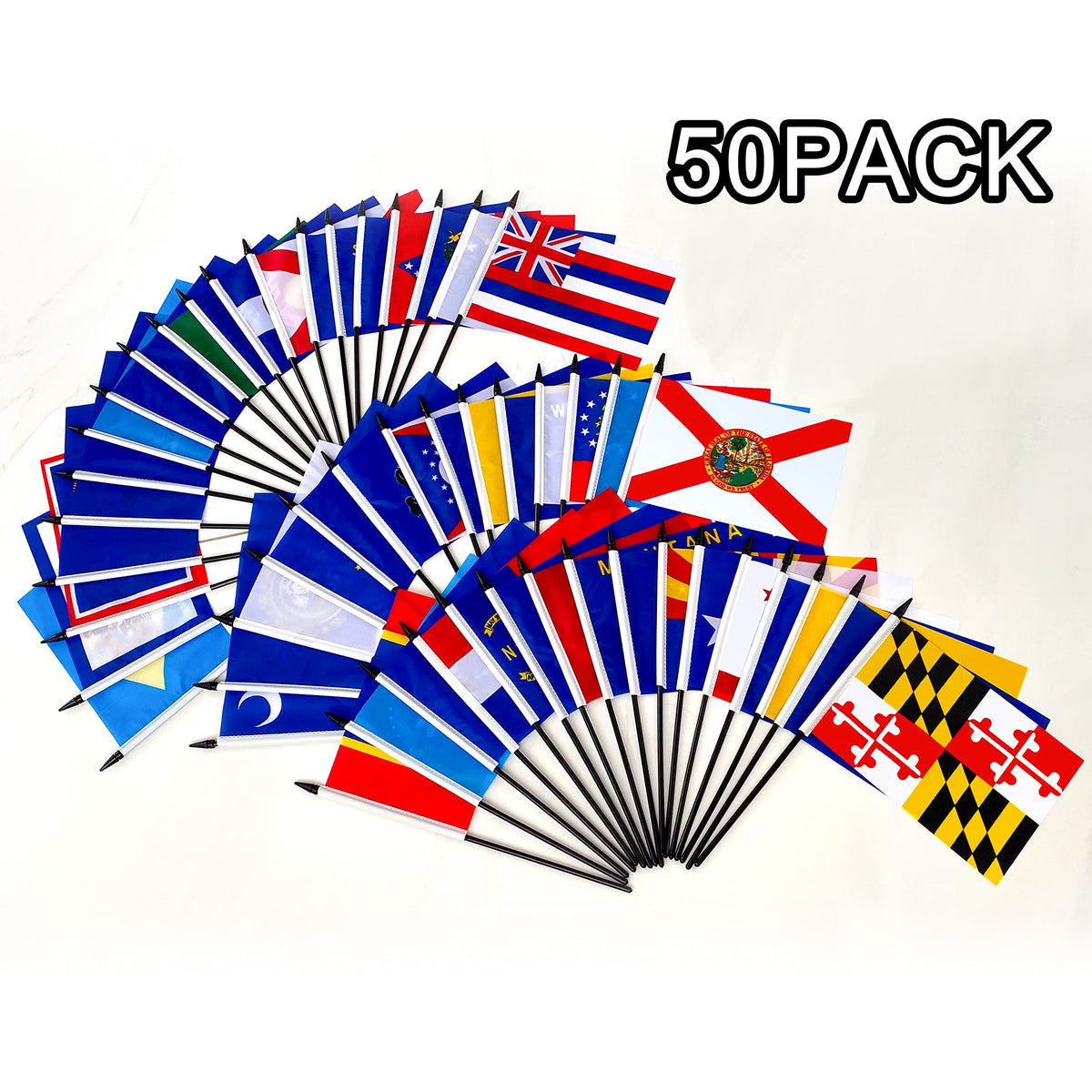Consummate 50-state flags in a ready-to-display zipper bag for storage.
