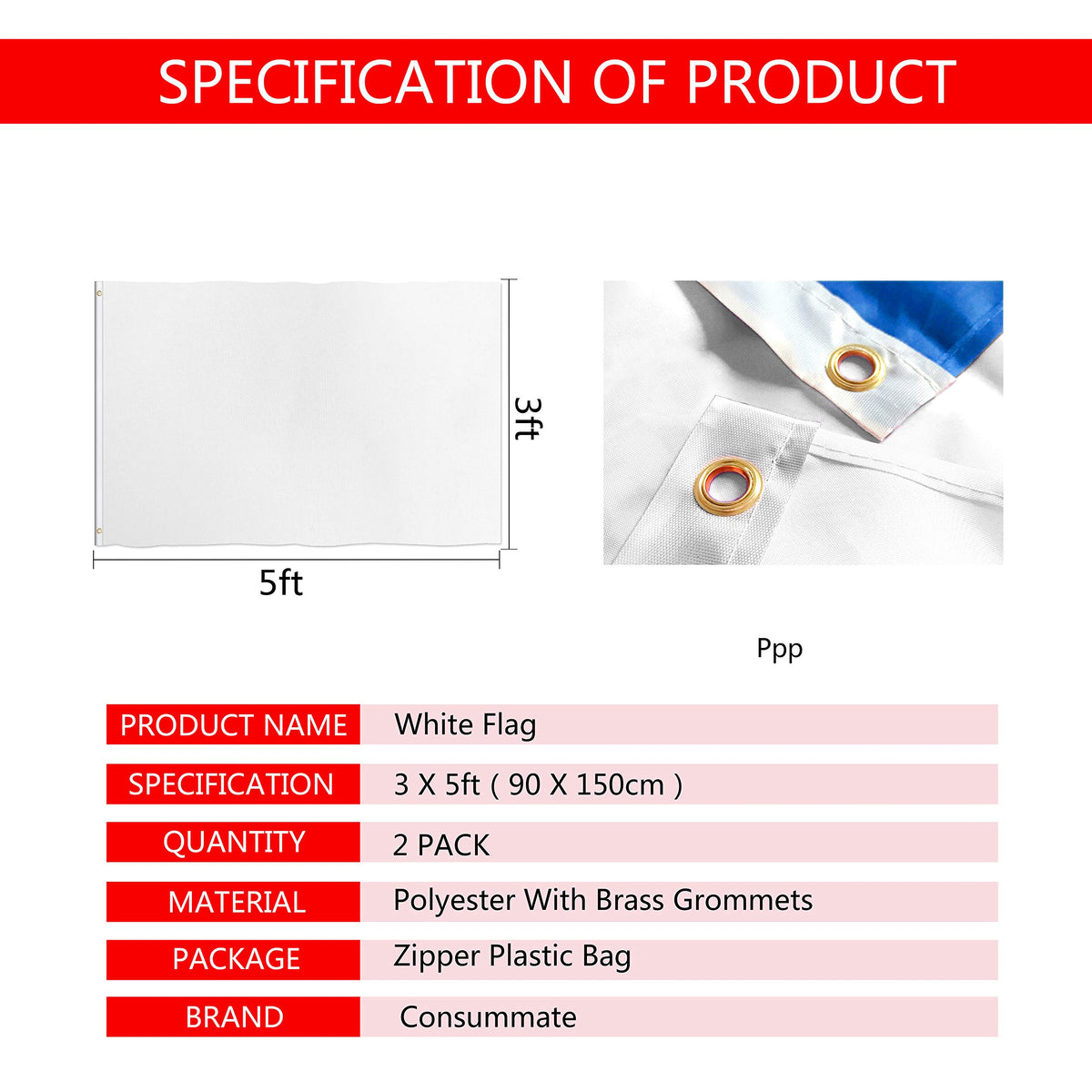Consummate solid white flag with brass grommets, great for events and DIY decor.