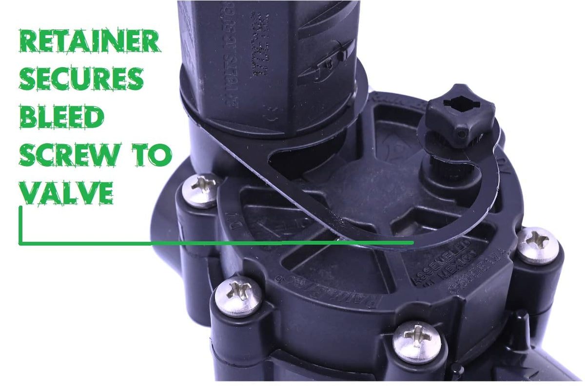 Contractor Rain Bird bleed screw retainer keeps components secure during irrigation maintenance.
