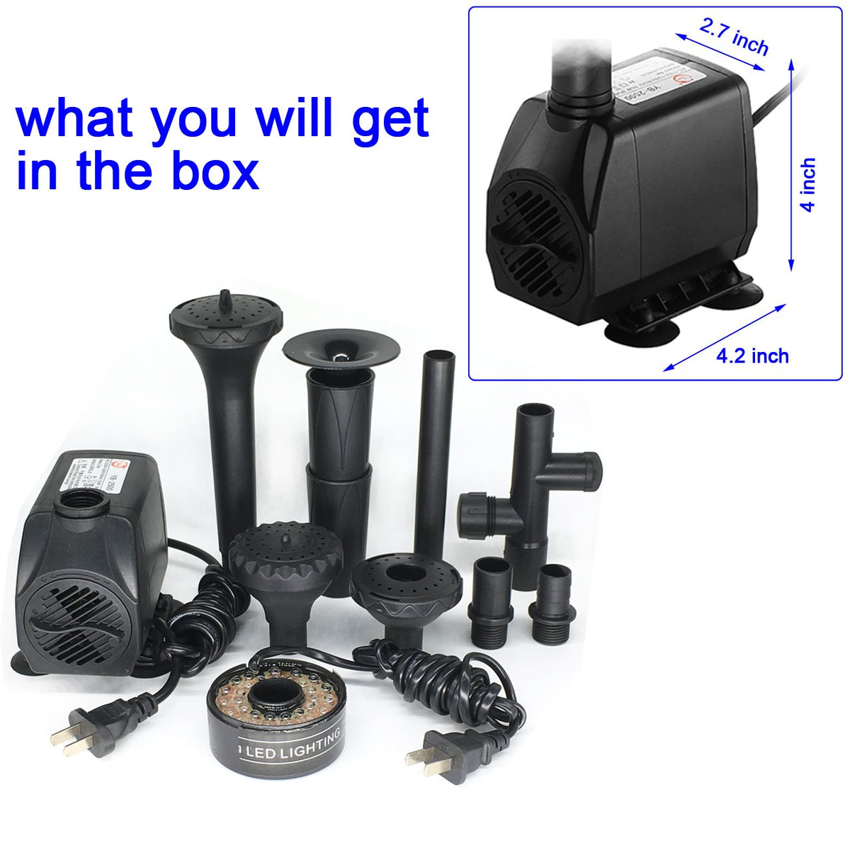 COODIA 730GPH pump with detachable RGB LED ring for night-time illumination.