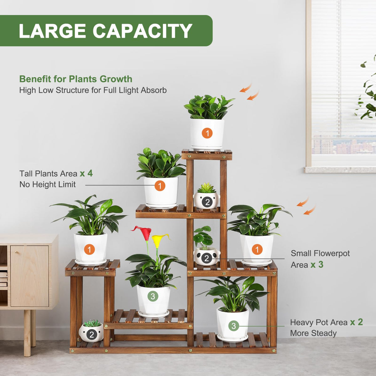 COOGOU wood plant stand middle-tier spaces illustrate efficient vertical plant arrangement