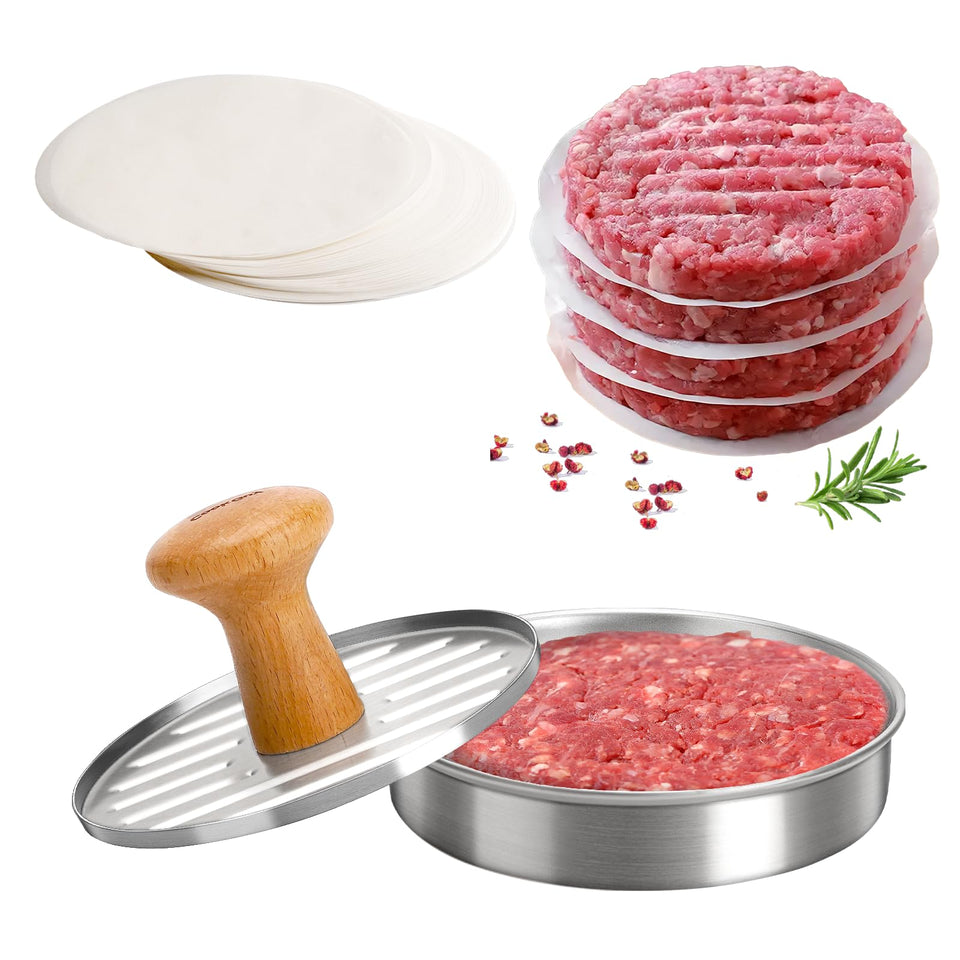 Cook Guy burger press 5-inch creates evenly sized patties for consistent grilling.