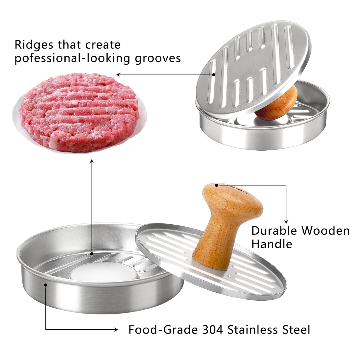 Cook Guy burger press stainless-steel body offers durable, rust-resistant construction for daily use.