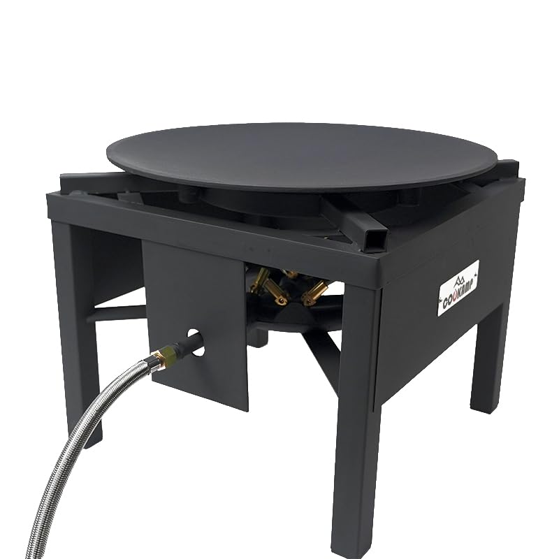 COOKAMP outdoor burner with large pot supports and cast iron pan.