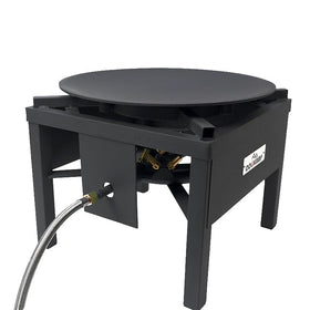 COOKAMP outdoor burner with large pot supports and cast iron pan.