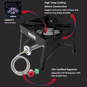 COOKAMP portable outdoor propane burner setup for camping and tailgating.