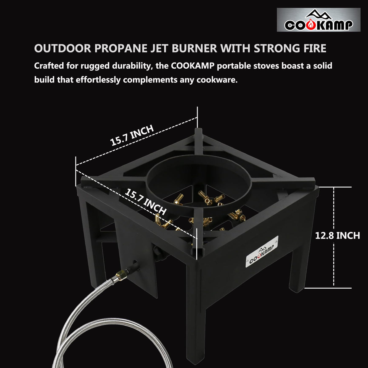 COOKAMP propane burner side view highlighting the regulator and hose for precise control.