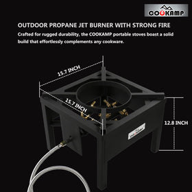 COOKAMP propane burner side view highlighting the regulator and hose for precise control.