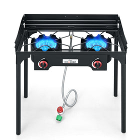 COOKAMP SA2510 two-burner stove with windscreen for stable outdoor cooking
