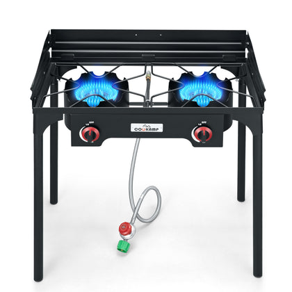 COOKAMP SA2510 two-burner stove with windscreen for stable outdoor cooking