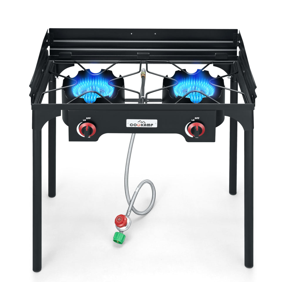 COOKAMP SA2510 two-burner stove with windscreen for stable outdoor cooking