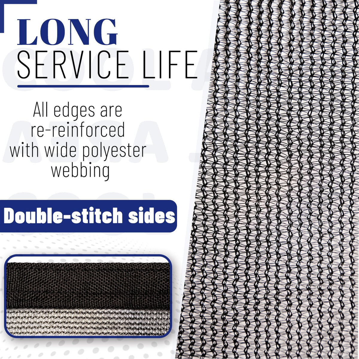 Cool Area tarp features rust-free aluminum buckles for easy securing.
