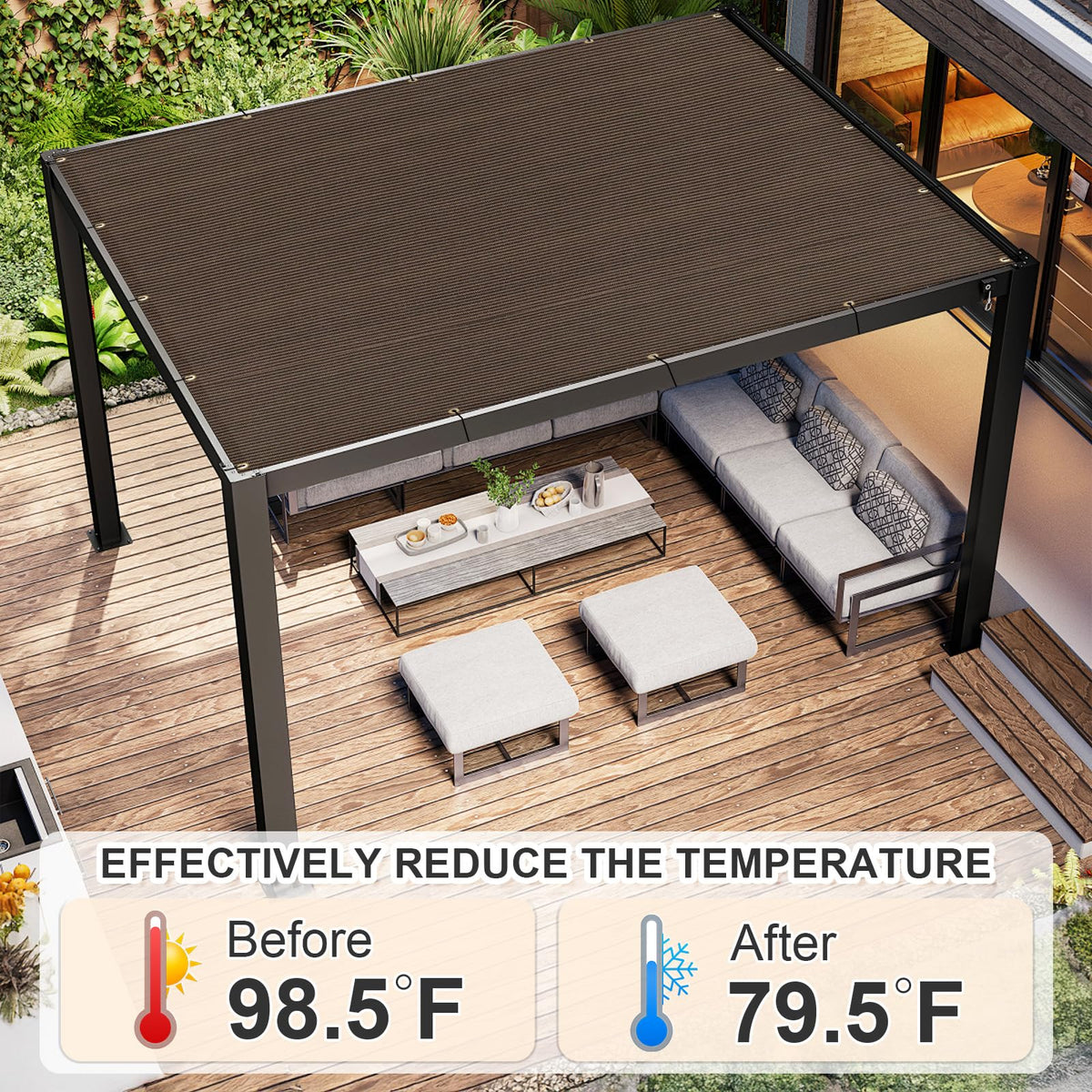 Cool Area private patio screen provides shade and privacy.
