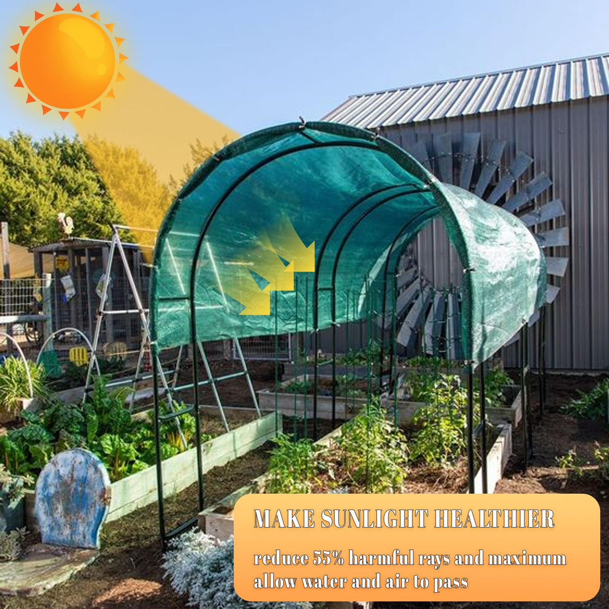 Cool Area UV protection mesh provides shade with sunlight control for plants.