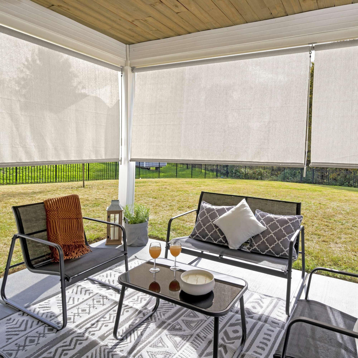 Coolaroo breathable, light-filtering fabric provides comfortable shade without trapping heat.