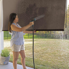 Coolaroo fade-resistant fabric sample showing vibrant color retention in sun.