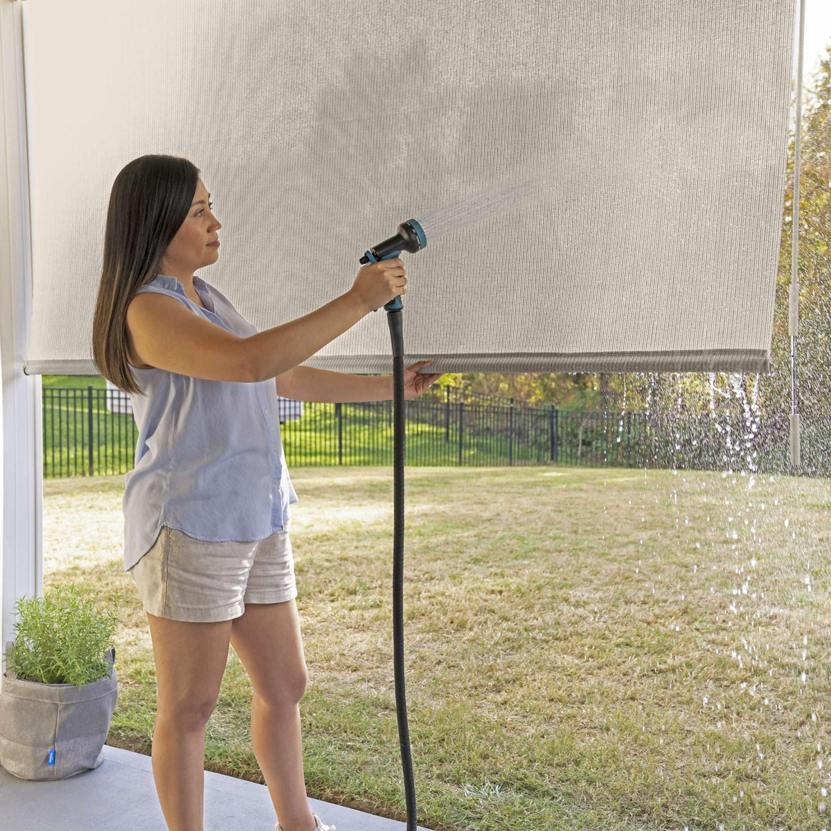 Coolaroo fade-resistant HDPE fabric maintains color through sun and rain.