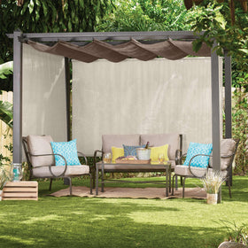 Coolaroo shade lowered, UV rays blocked for cooler outdoor comfort.