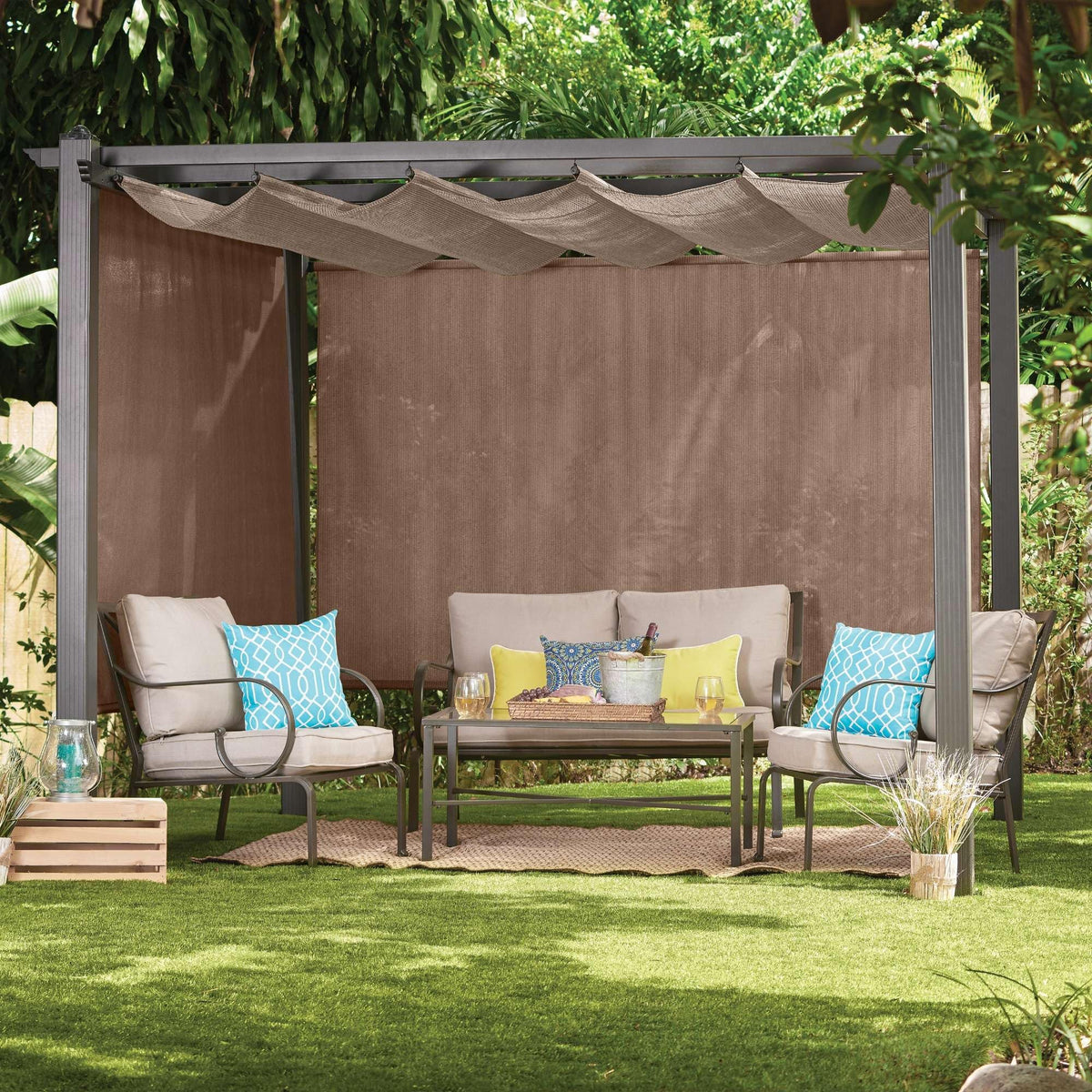 Coolaroo outdoor roller shade blocks 95% UV rays for patio sun protection.