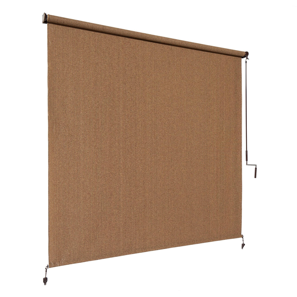 Coolaroo outdoor roller shade with wand demonstrates cordless operation for easy shade control.