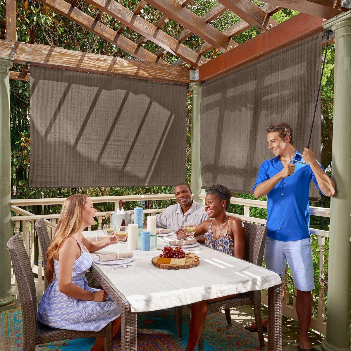 Coolaroo outdoor roller shade wand view showing easy cord-free operation and shade control.