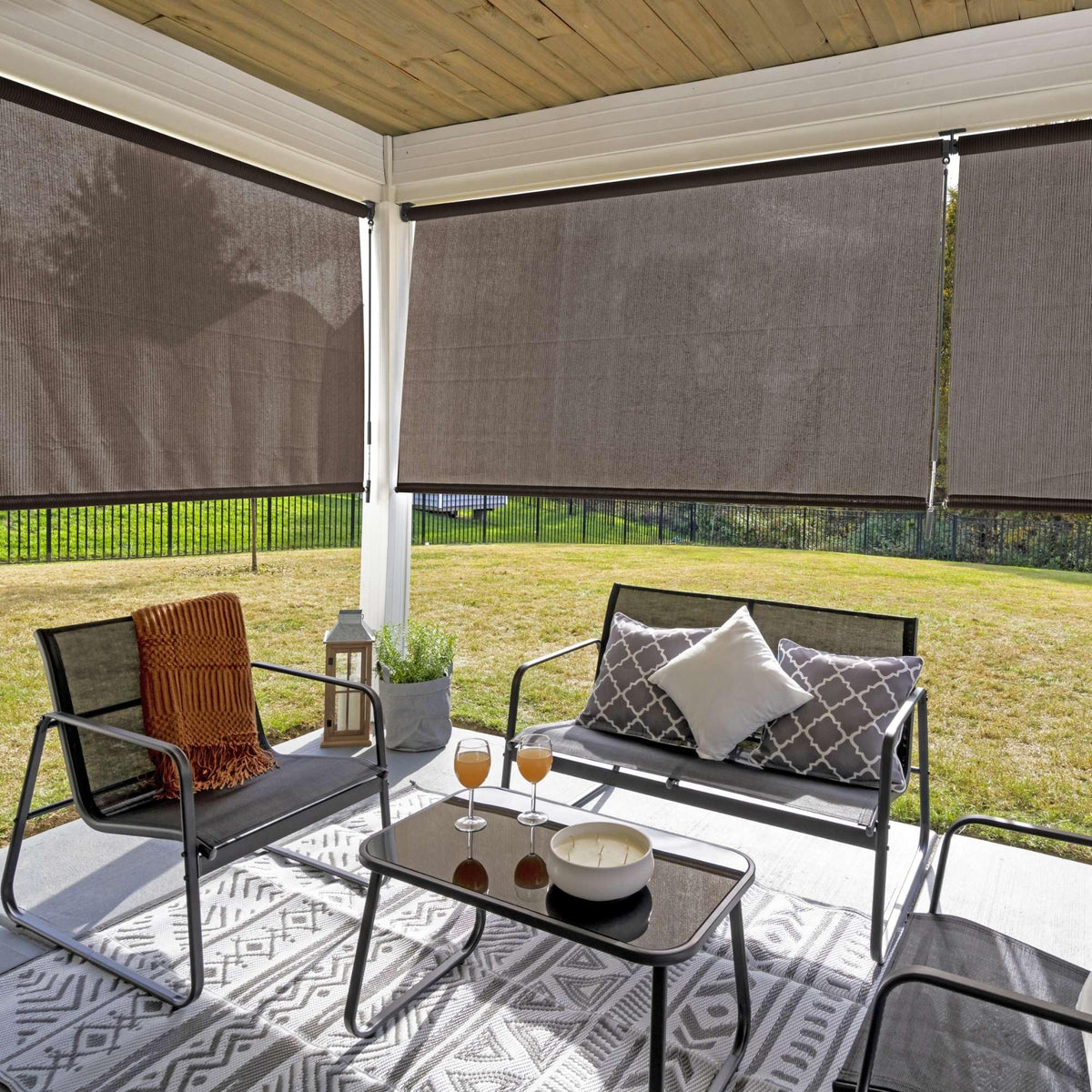 Coolaroo UV-blocking fabric close-up for sun protection on patios.