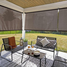 Coolaroo UV-blocking fabric close-up for sun protection on patios.