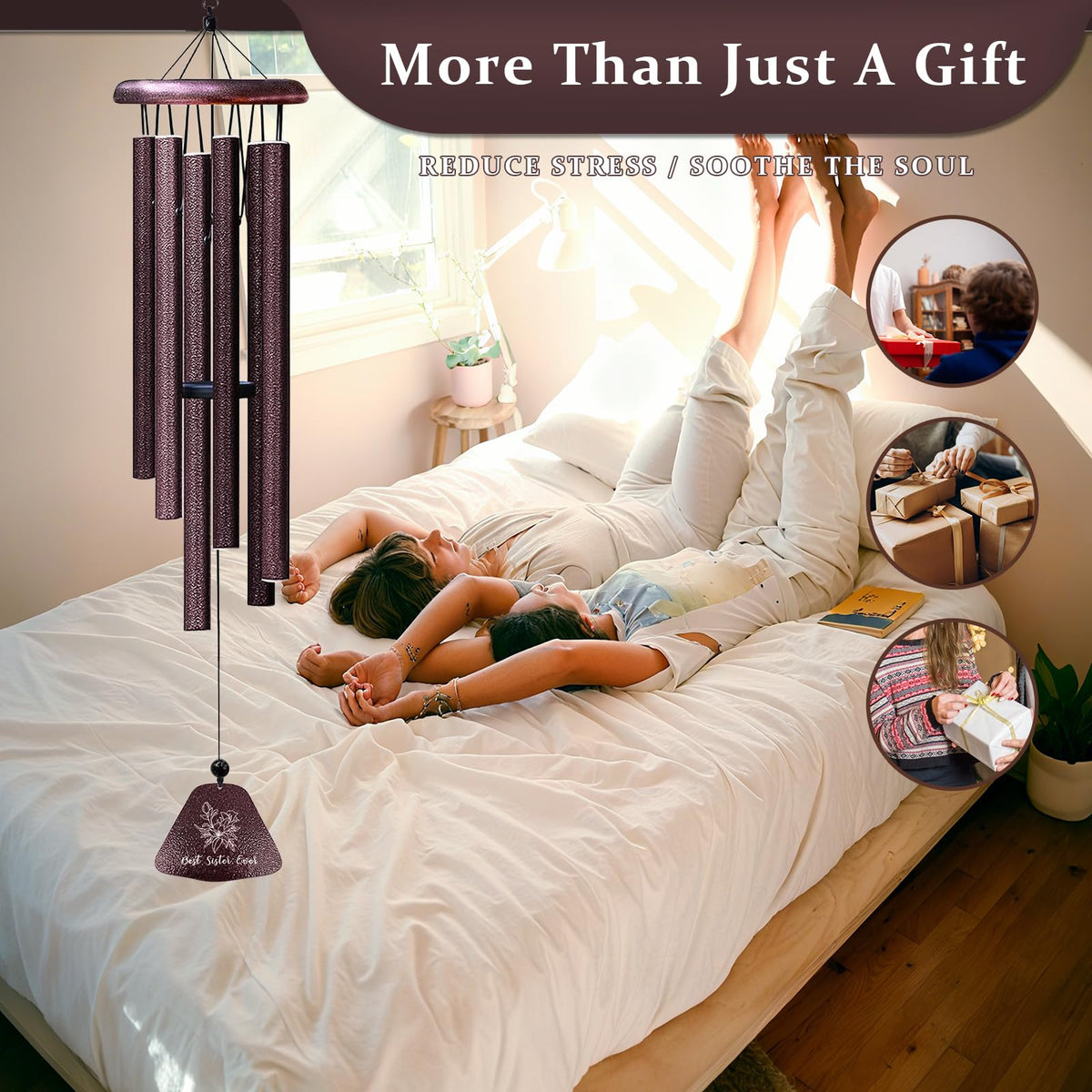 Coolertaste wind chimes on patio or garden, creating calming ambience.