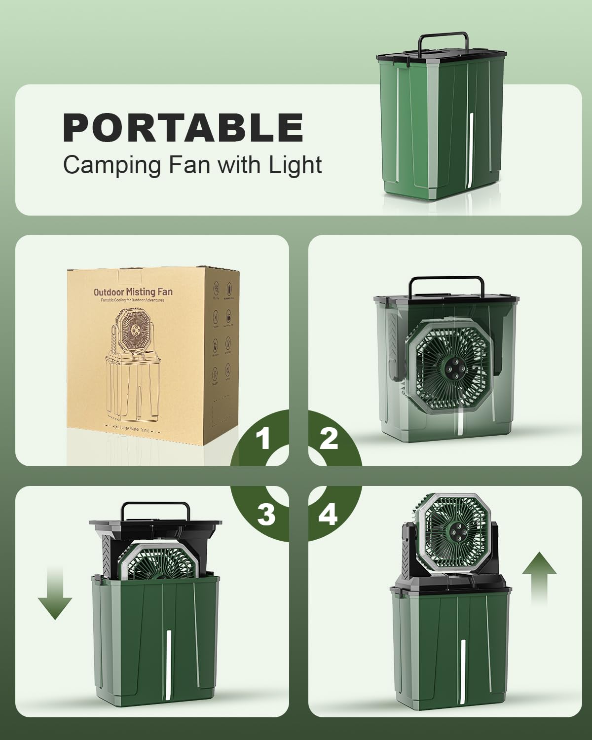 Coolice misting fan with three wind speeds and integrated LED lights.