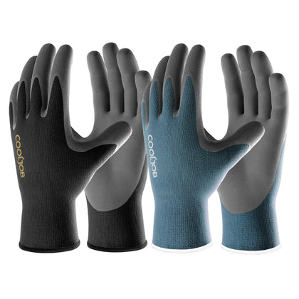 COOLJOB gardening gloves with breathable nitrile coating for secure grip in dry and wet conditions.