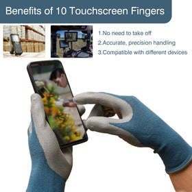 COOLJOB gardening gloves with touchscreen-capable fingertips for easy device use outdoors.