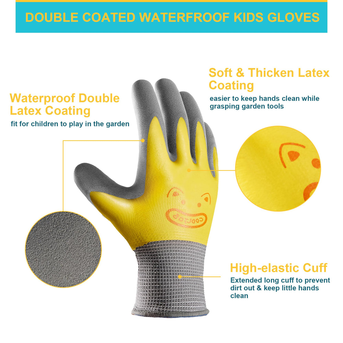 CoolJob elastic-wrist closeup highlights dirt-blocking fit for active kids.