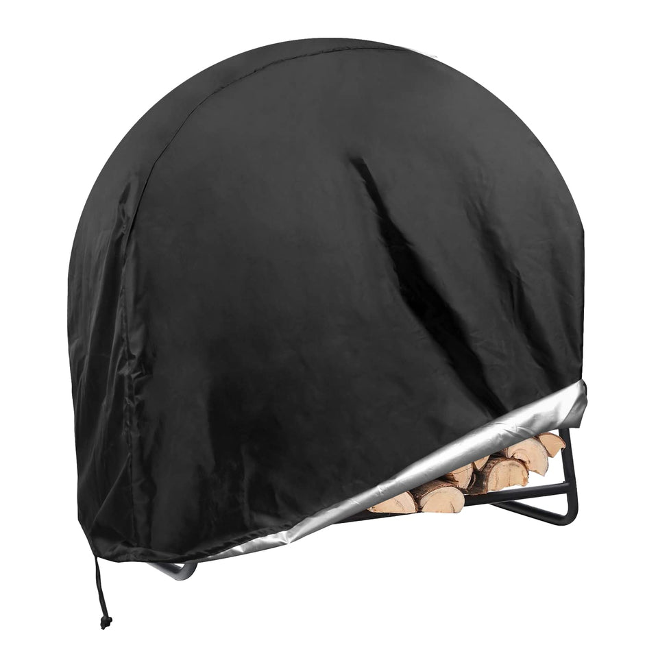 Coolrunner 40-inch round firewood hoop cover on hoop rack protecting wood from rain