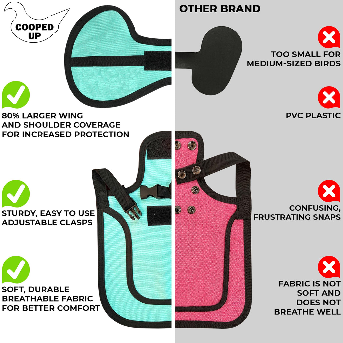 COOPED UP teal saddle with adjustable clasps ensures secure wear.