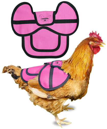 COOPED UP canvas chicken saddle pink back cover protects the hen's back.