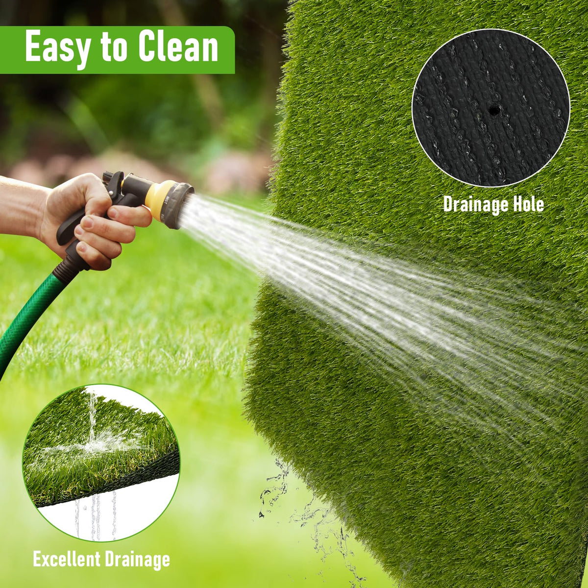 CooRug artificial grass back with drainage holes for quick cleanup.