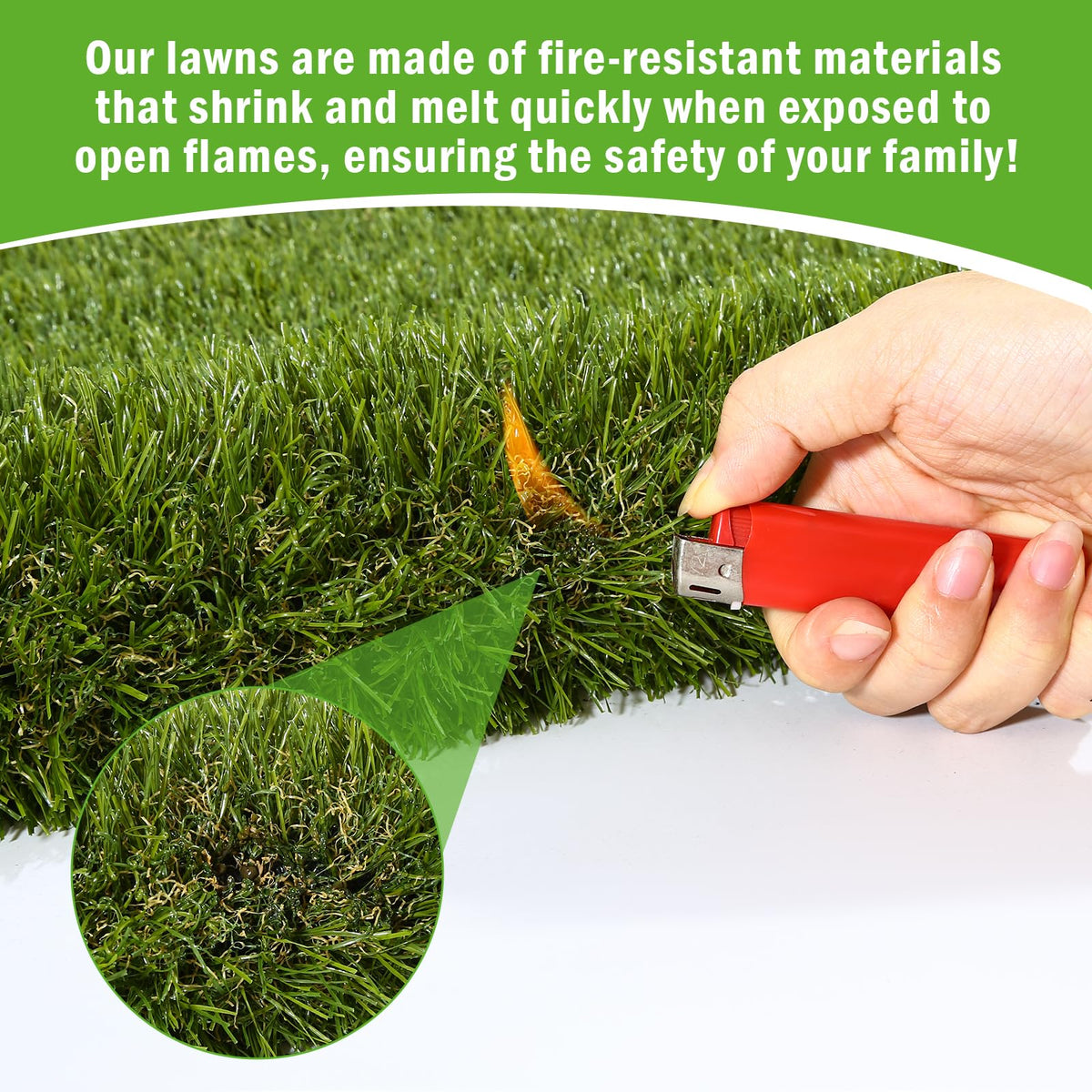 CooRug fake grass UV and fire-resistant materials for durability.