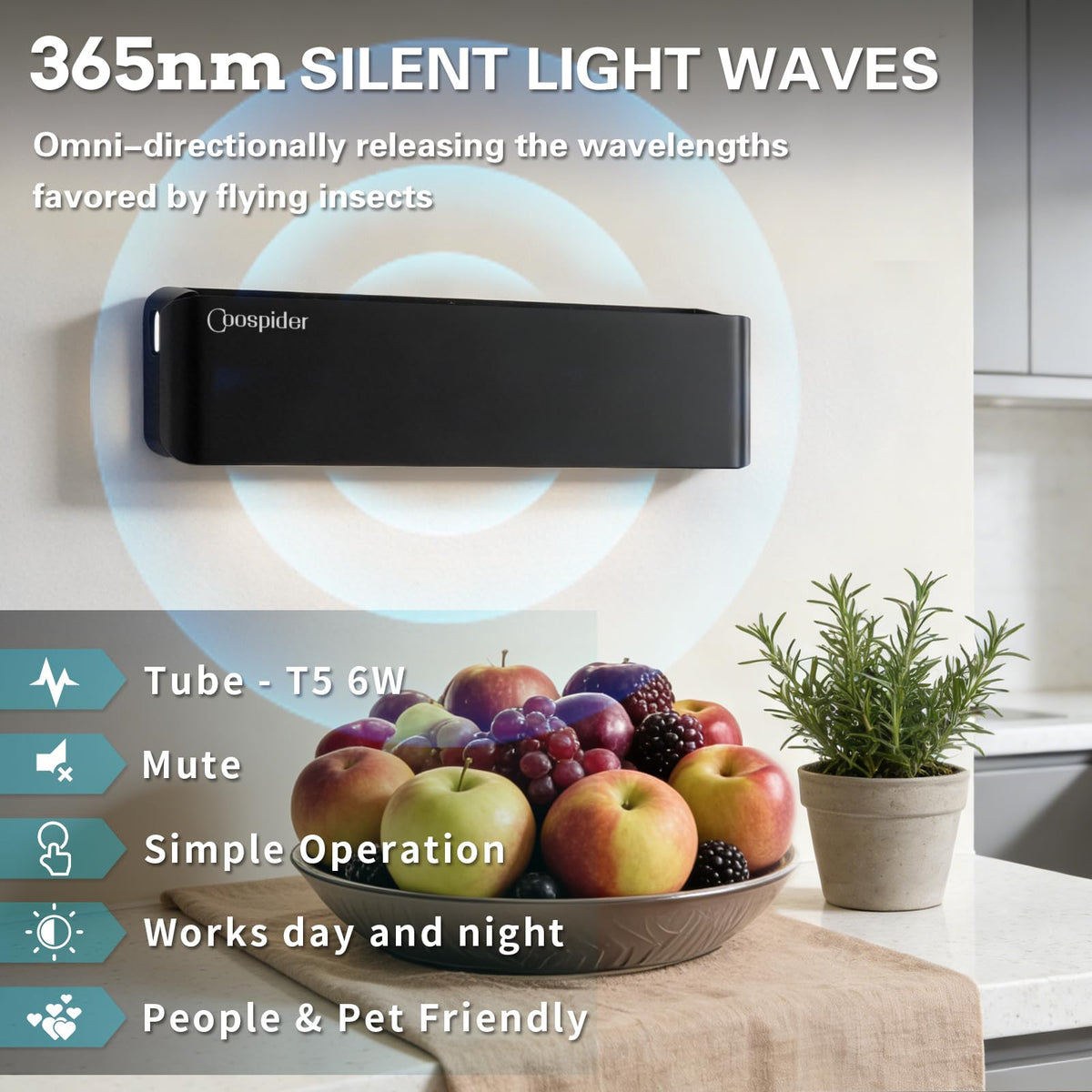 COOSPIDER UV 365nm silent light operates quietly in kitchens and offices