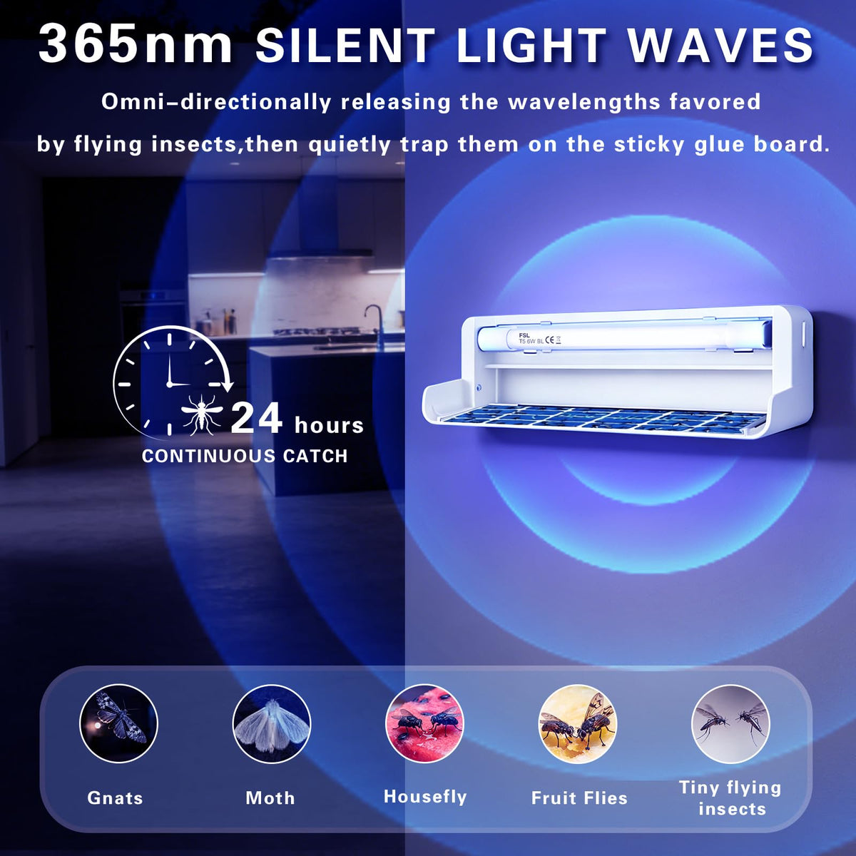 COOSPIDER UV blue-purple glow draws gnats and fruit flies for discreet control.