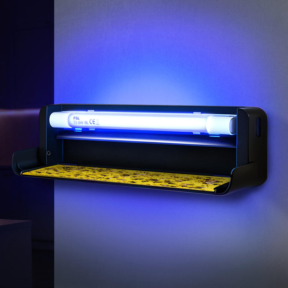 COOSPIDER UV Fly Catcher indoor front view shows discreet pest control with blue glow