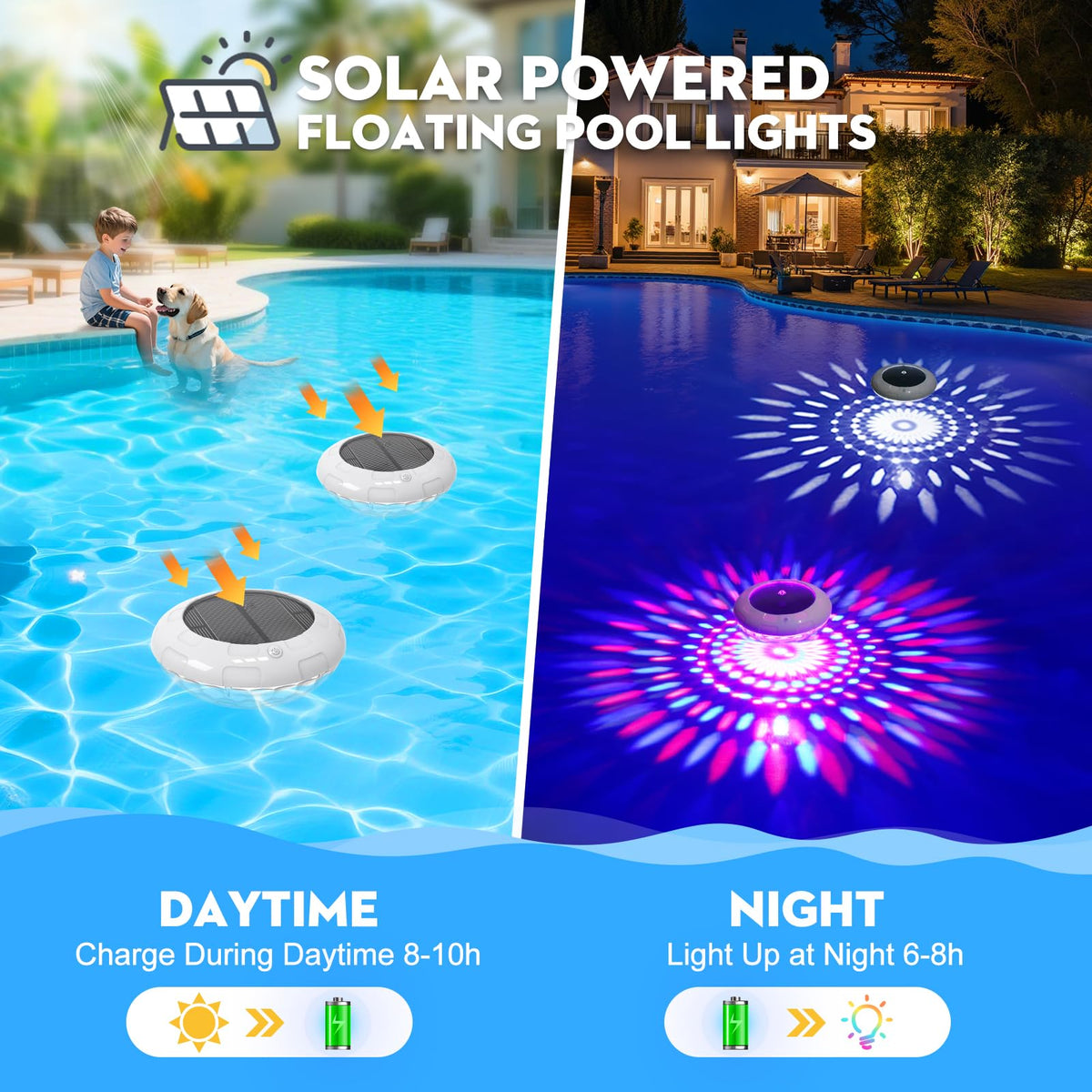 Cootway 6.5-inch RGB pool light shows vivid hues for day and night use.