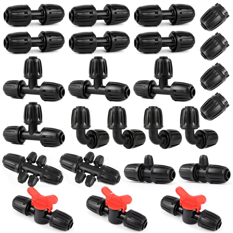 Copadri 25-piece half-inch drip fittings kit for easy irrigation setup and customization.