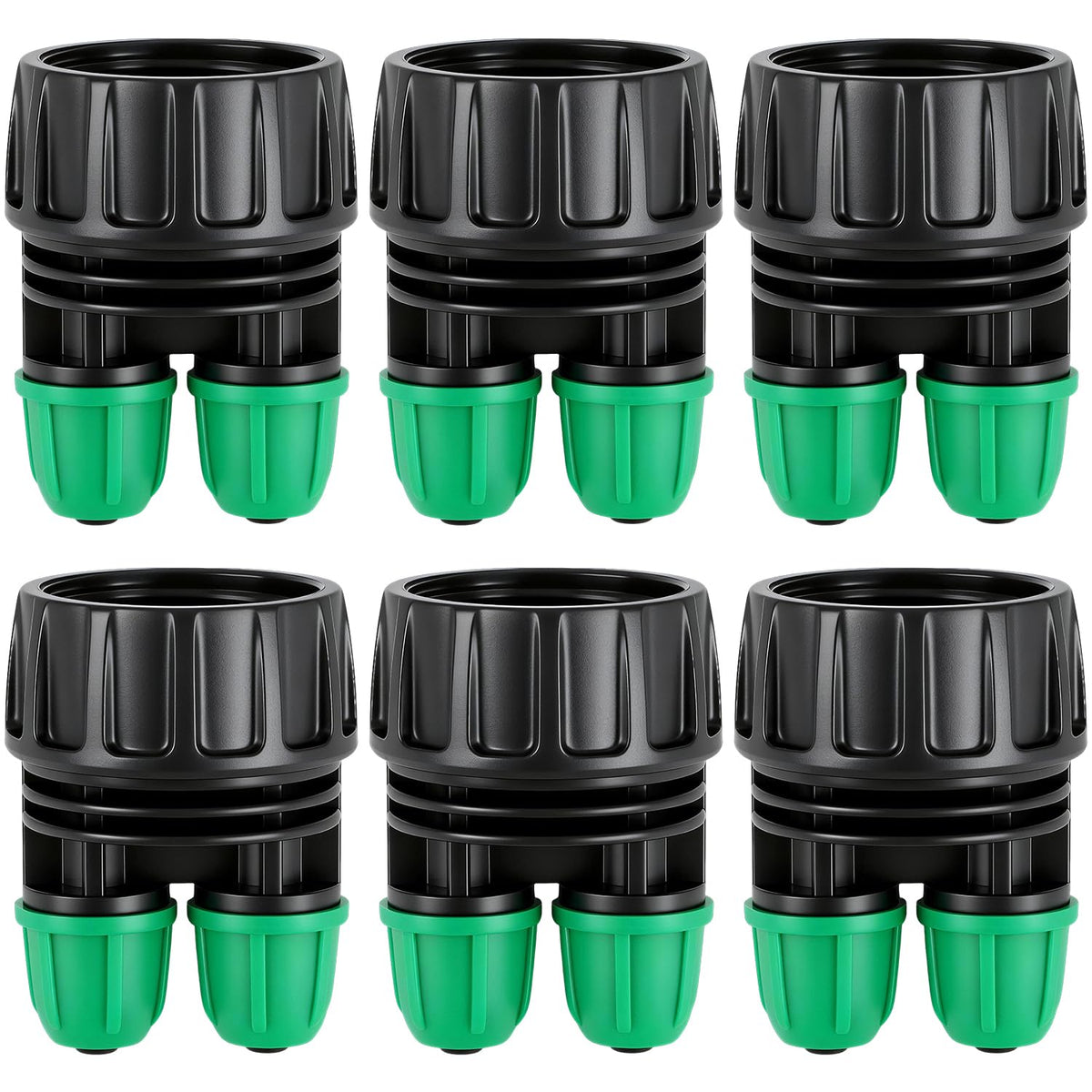 Copadri 6-pack adapters connect 3/4 FHT to 1/4 drip tubing for outdoor taps.